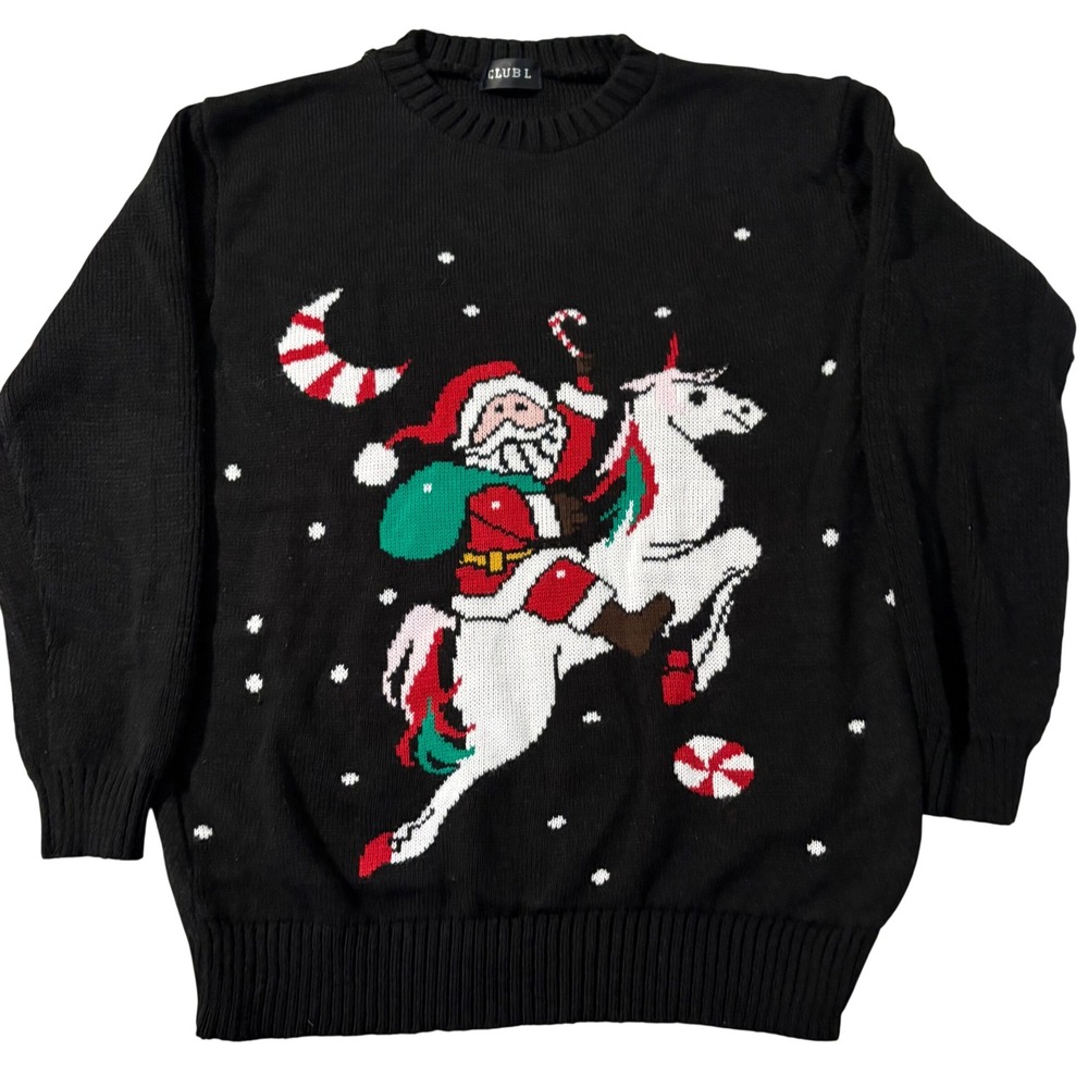 Club L Santa Riding Unicorn Christmas Sweater Black Knit Women XL 16-18 Holiday